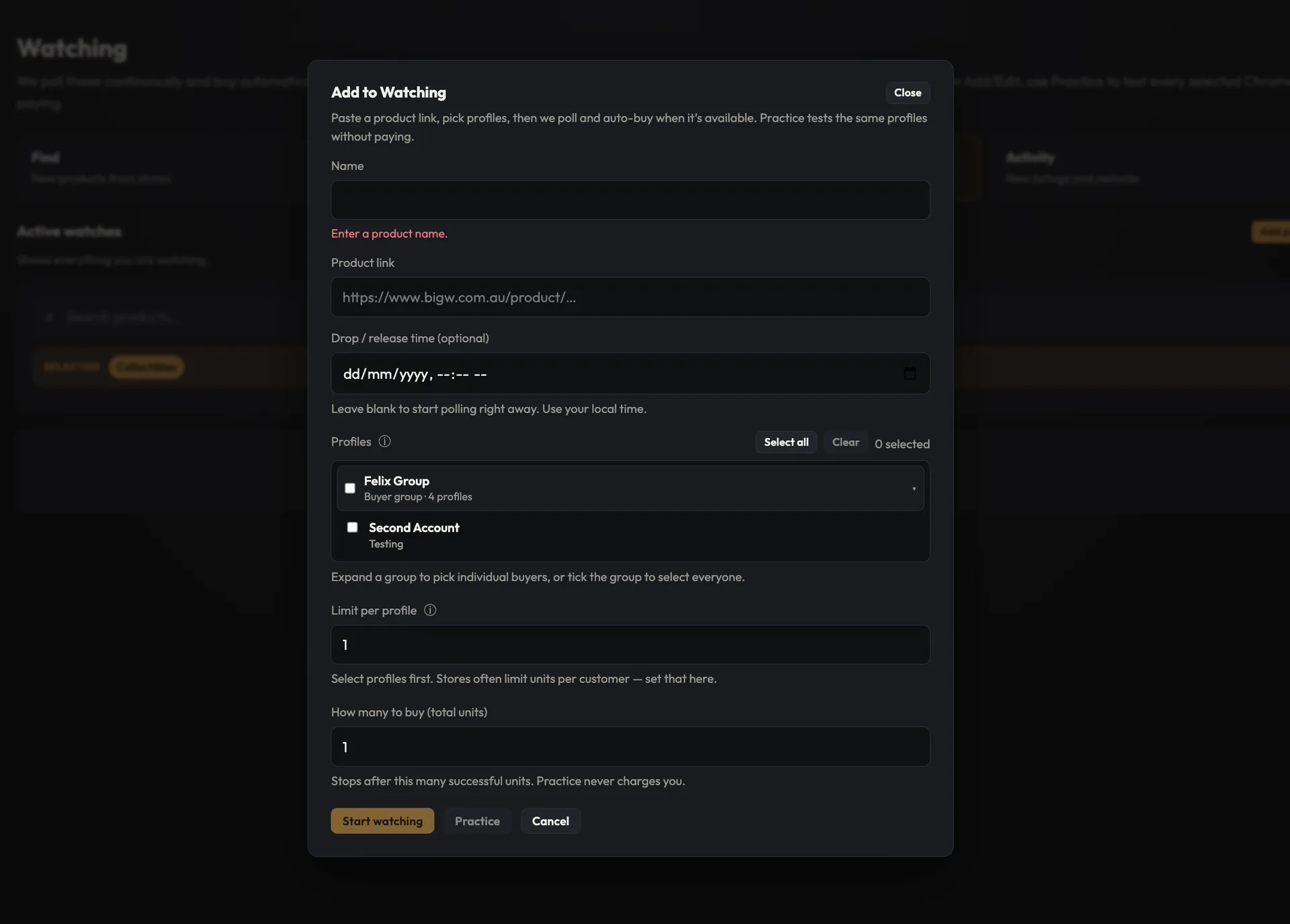 WeBot Add to Watching form for tracking a product restock with buyer profiles
