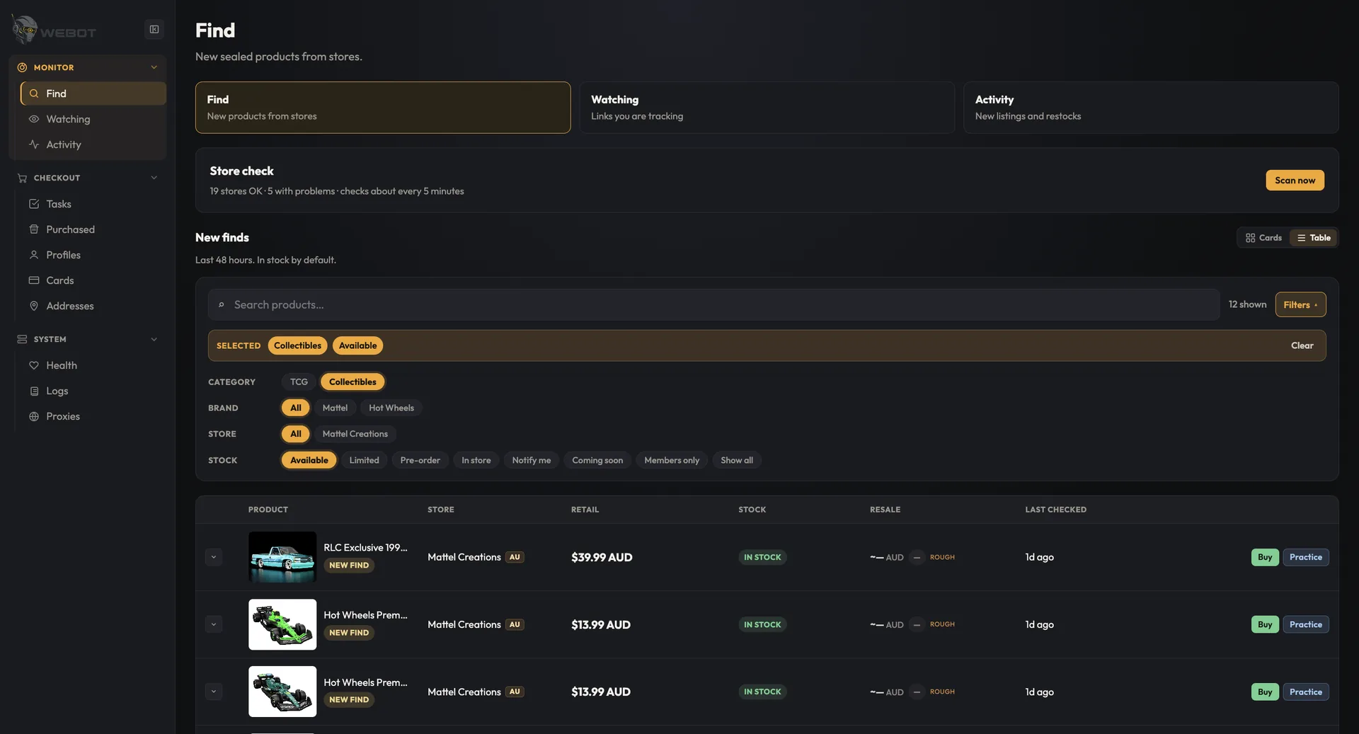 WeBot Find screen listing new in-stock collectibles from stores