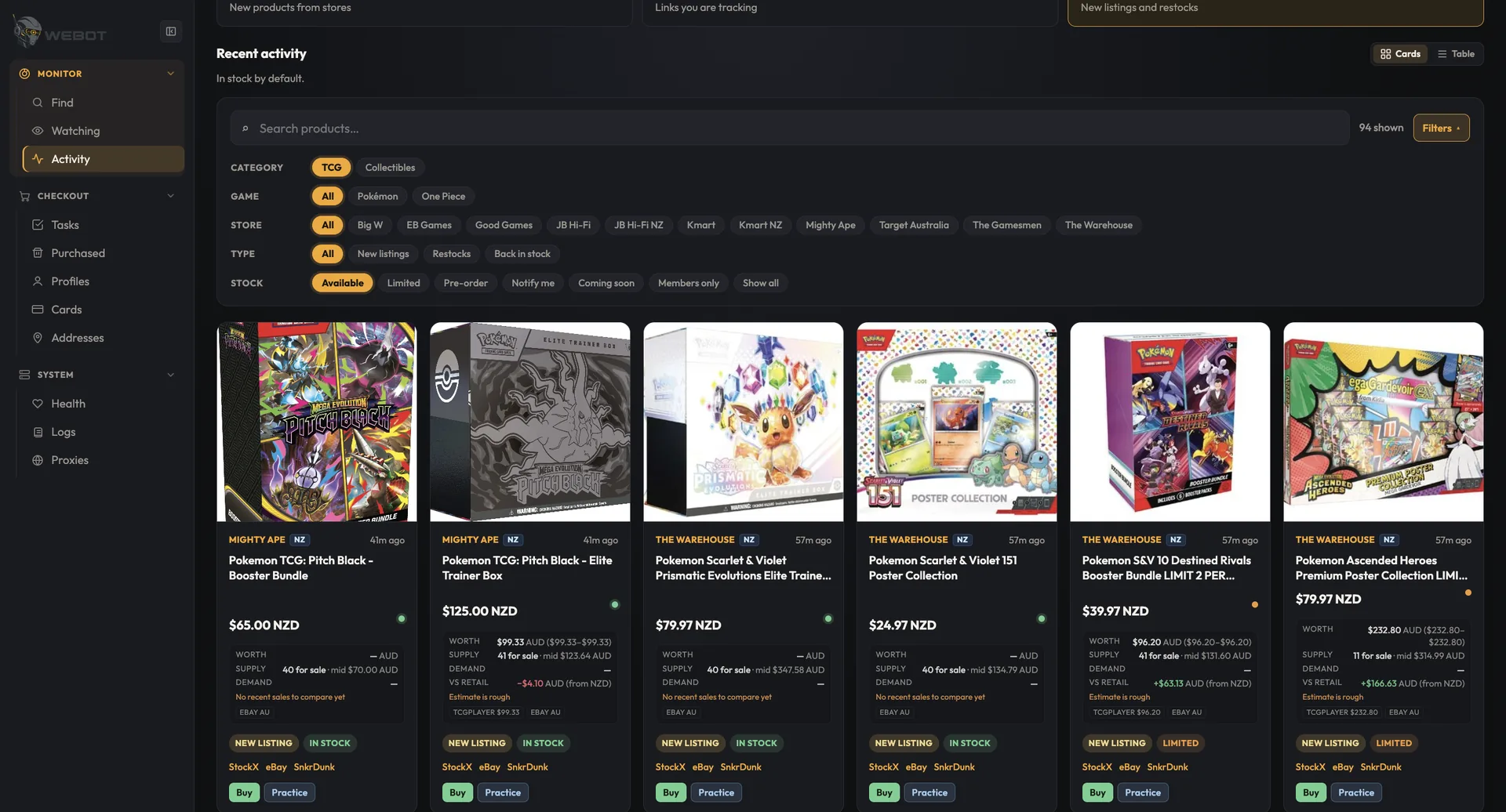 WeBot restock activity dashboard showing live Pokemon TCG listings